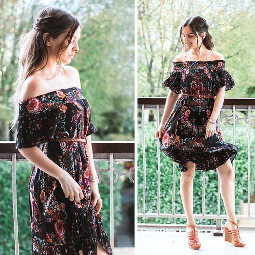 Patrons of Peace Floral Off-Shoulder Dress - Black and Pink